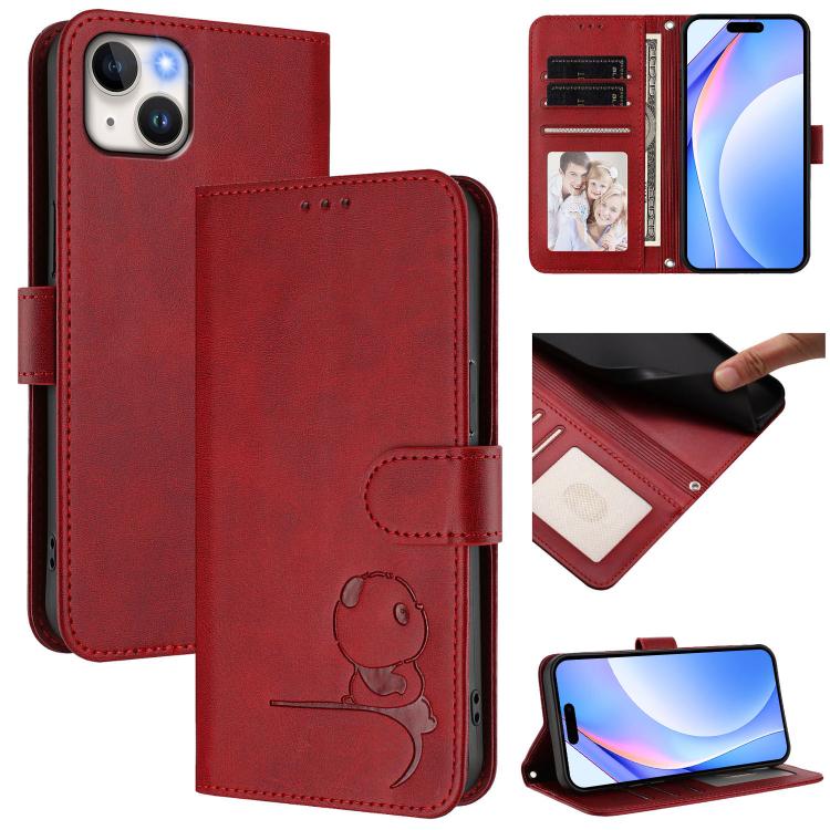 Litter Panda Embossing RFID Leather Phone Case with Lanyard, For iPhone 15, For iPhone 14 Plus, For iPhone 14 / 13, For iPhone 14 Pro