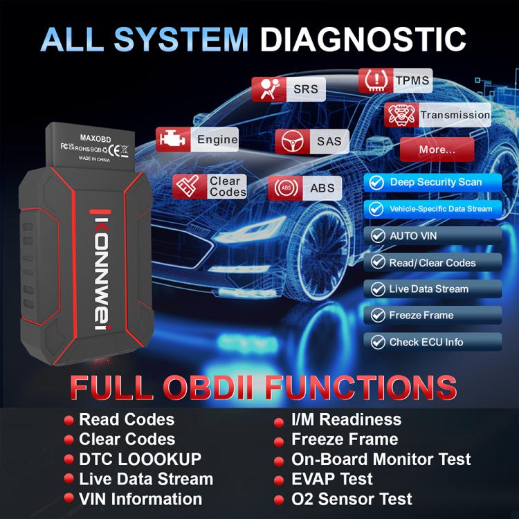 KONNWEI MAXOBD Full Car System Scanner OBD2 Diagnostic Tool Code Read, MAXOBD
