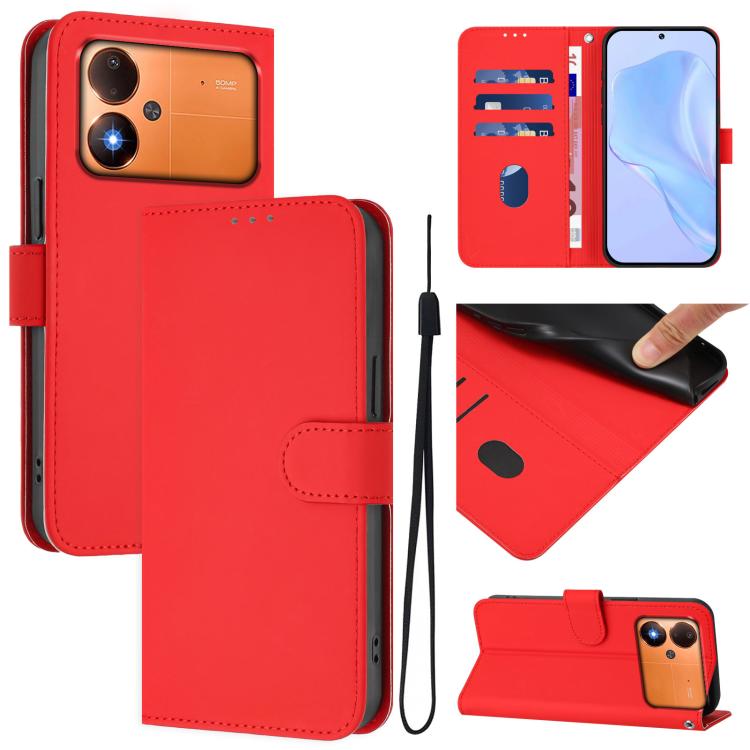 Skin Feel Solid Color Leather Phone Case with Lanyard, For Xiaomi Poco C71