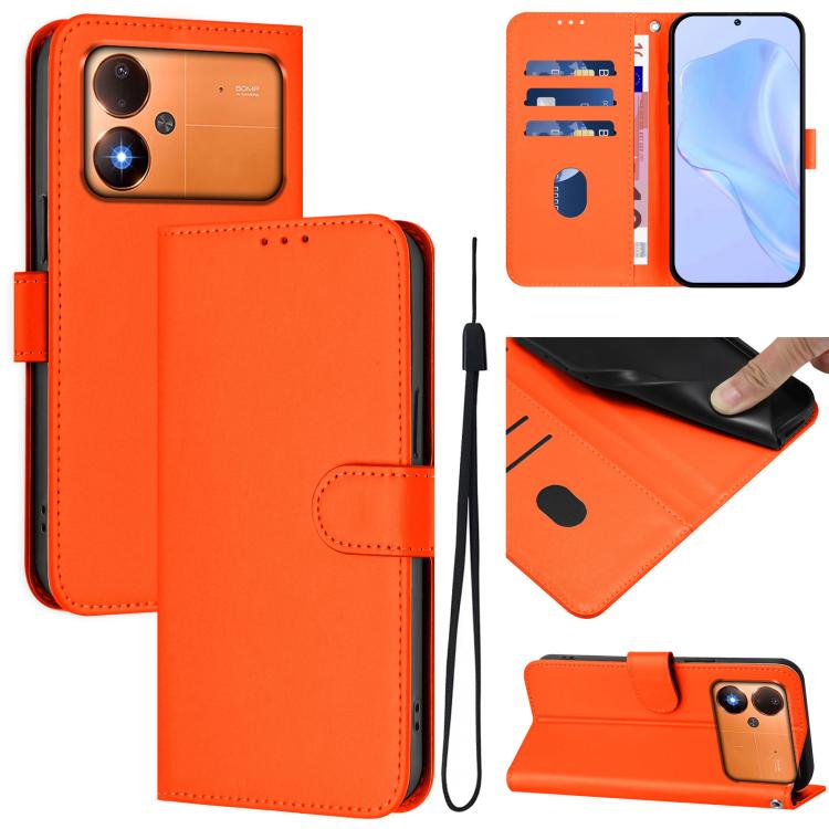 Skin Feel Solid Color Leather Phone Case with Lanyard, For Xiaomi Poco C71