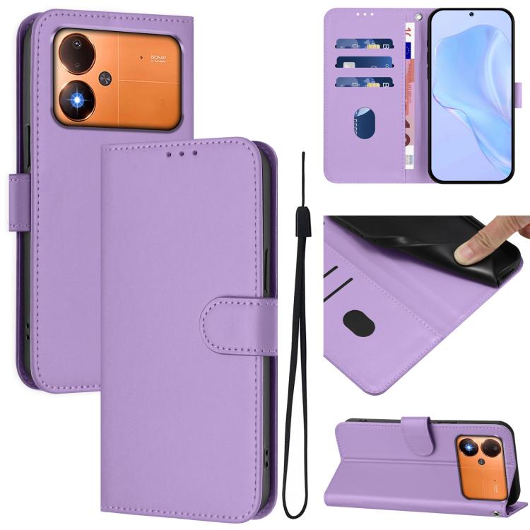 Skin Feel Solid Color Leather Phone Case with Lanyard, For Xiaomi Poco C71