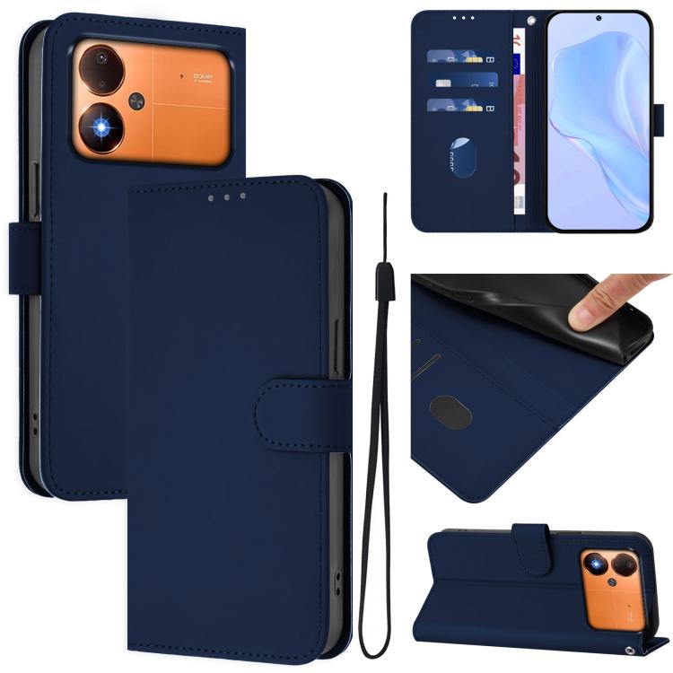 Skin Feel Solid Color Leather Phone Case with Lanyard, For Xiaomi Poco C71