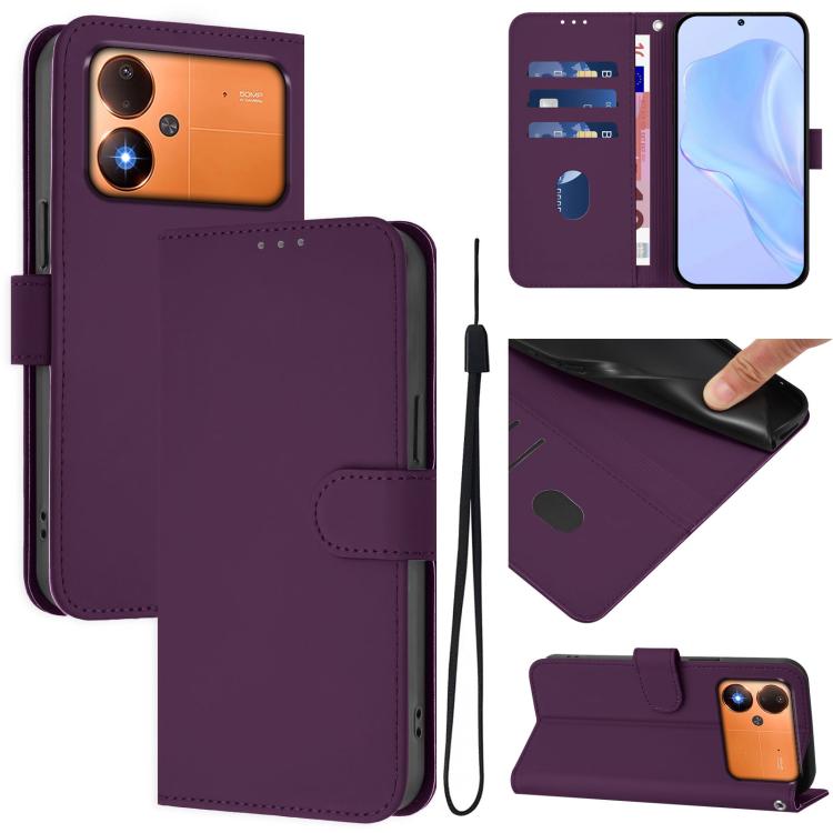 Skin Feel Solid Color Leather Phone Case with Lanyard, For Xiaomi Poco C71