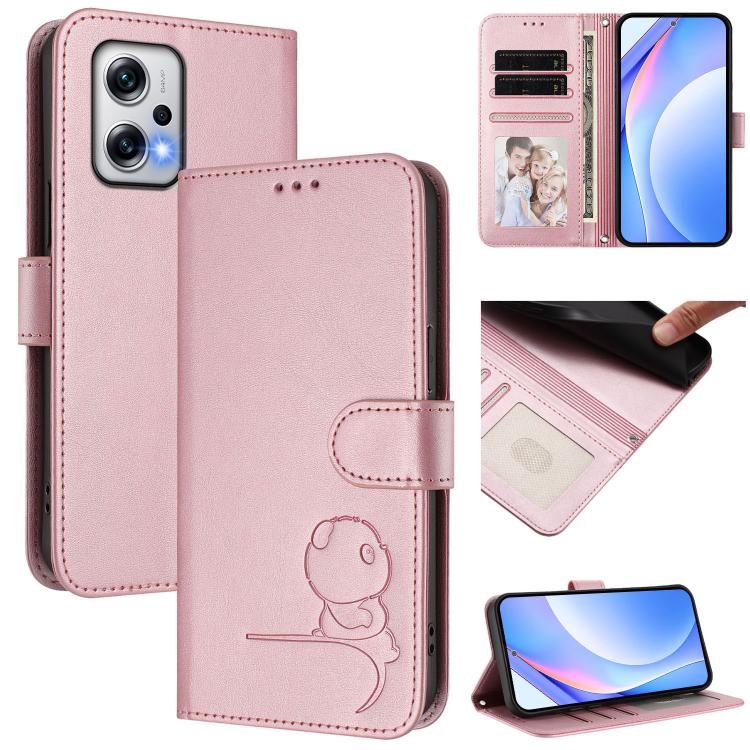 Litter Panda Embossing RFID Leather Phone Case with Lanyard, For Redmi Note 13 5G, For Redmi Note 13 Pro+ 5G, For Redmi 12 4G / 12 5G Global / India, For Redmi Note 12T Pro / Poco X4 GT