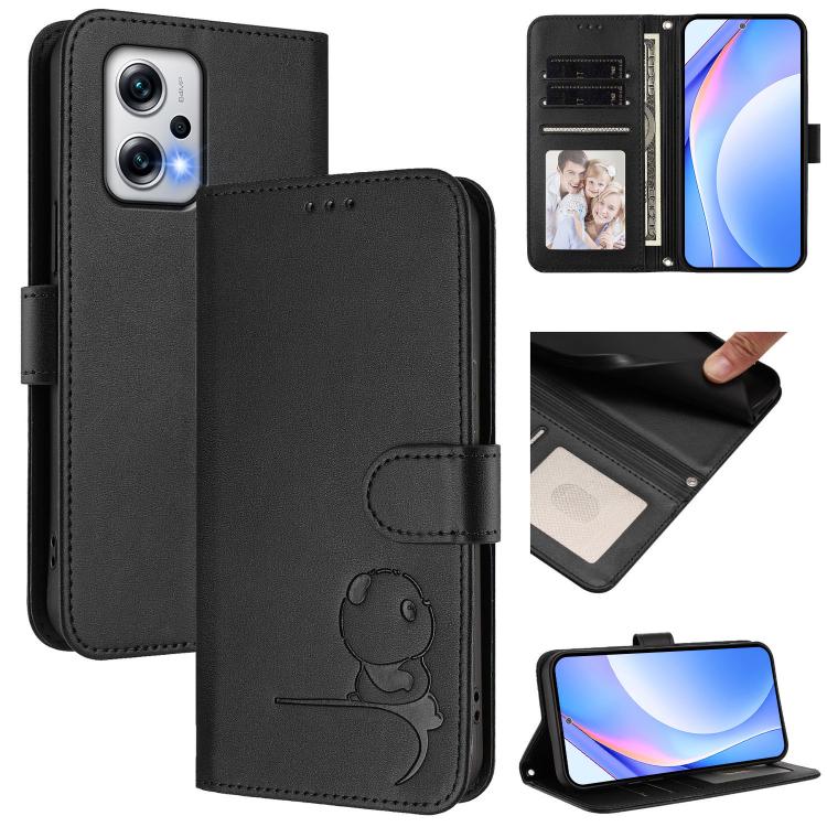 Litter Panda Embossing RFID Leather Phone Case with Lanyard, For Redmi Note 13 5G, For Redmi Note 13 Pro+ 5G, For Redmi 12 4G / 12 5G Global / India, For Redmi Note 12T Pro / Poco X4 GT