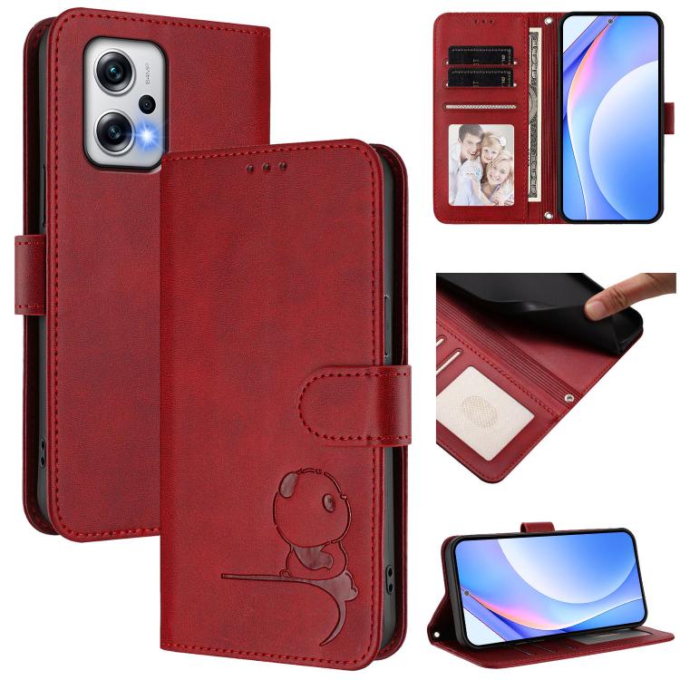 Litter Panda Embossing RFID Leather Phone Case with Lanyard, For Redmi Note 13 5G, For Redmi Note 13 Pro+ 5G, For Redmi 12 4G / 12 5G Global / India, For Redmi Note 12T Pro / Poco X4 GT