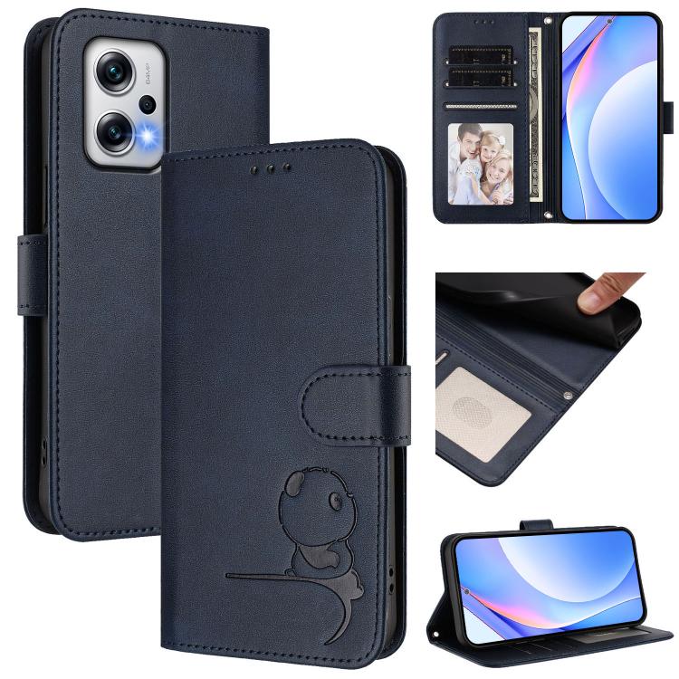 Litter Panda Embossing RFID Leather Phone Case with Lanyard, For Redmi Note 13 5G, For Redmi Note 13 Pro+ 5G, For Redmi 12 4G / 12 5G Global / India, For Redmi Note 12T Pro / Poco X4 GT