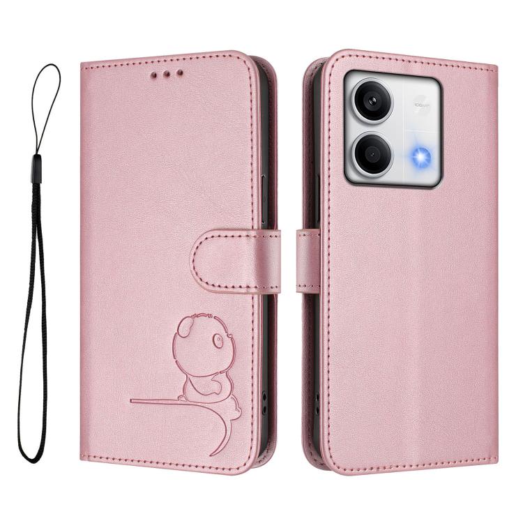 Litter Panda Embossing RFID Leather Phone Case with Lanyard, For Redmi Note 13 5G, For Redmi Note 13 Pro+ 5G, For Redmi 12 4G / 12 5G Global / India, For Redmi Note 12T Pro / Poco X4 GT