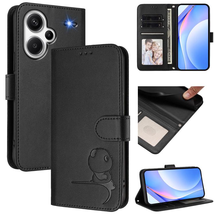 Litter Panda Embossing RFID Leather Phone Case with Lanyard, For Redmi Note 13 5G, For Redmi Note 13 Pro+ 5G, For Redmi 12 4G / 12 5G Global / India, For Redmi Note 12T Pro / Poco X4 GT