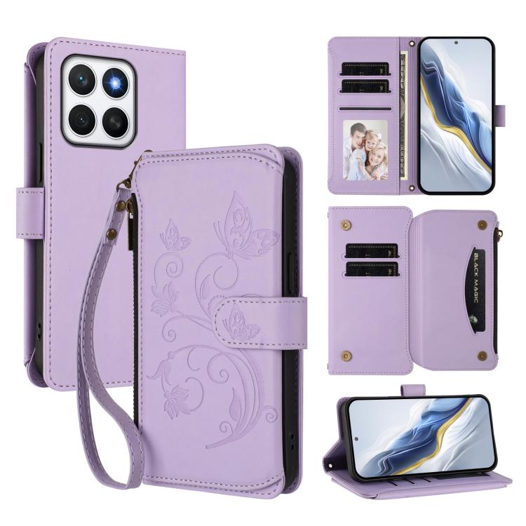 Butterfly Love Flower Multi-card Zipper Wallet Leather Phone Case, For Honor 400 Global 156.5mm, For Honor X8c 4G, For Honor X9c 5G / Magic7 Lite
