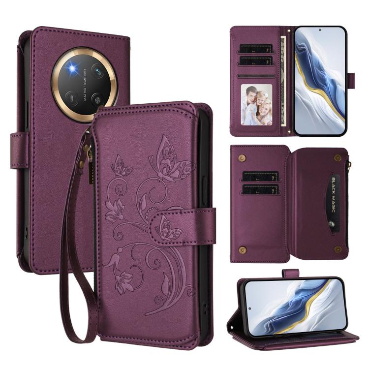 Butterfly Love Flower Multi-card Zipper Wallet Leather Phone Case, For Honor 400 Global 156.5mm, For Honor X8c 4G, For Honor X9c 5G / Magic7 Lite