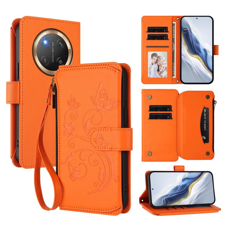Butterfly Love Flower Multi-card Zipper Wallet Leather Phone Case, For Honor 400 Global 156.5mm, For Honor X8c 4G, For Honor X9c 5G / Magic7 Lite