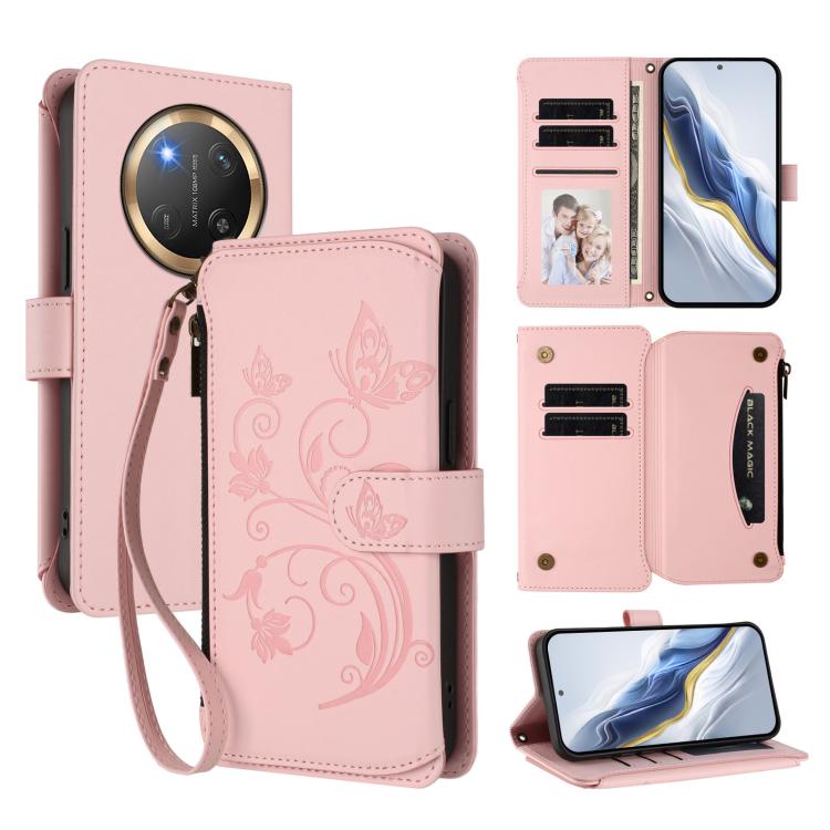 Butterfly Love Flower Multi-card Zipper Wallet Leather Phone Case, For Honor 400 Global 156.5mm, For Honor X8c 4G, For Honor X9c 5G / Magic7 Lite