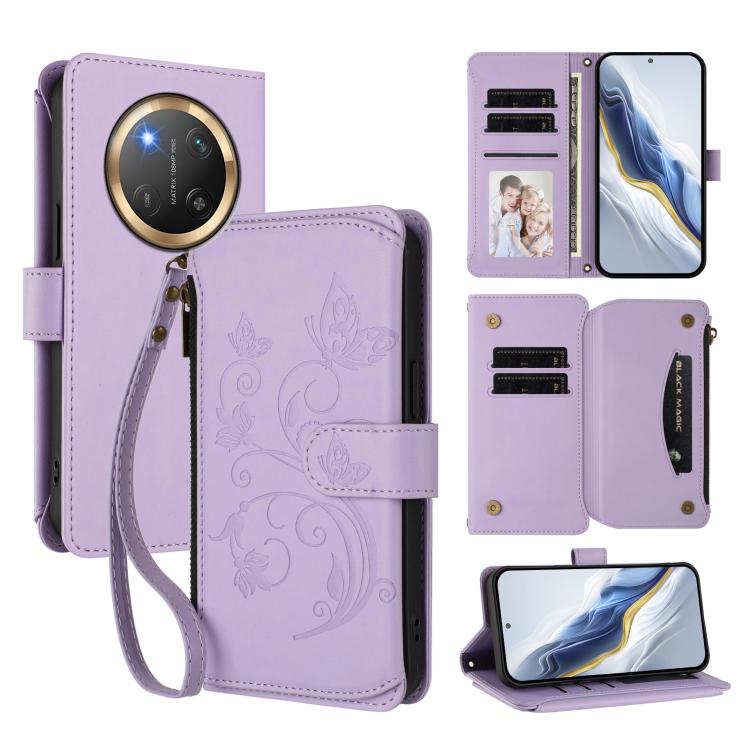 Butterfly Love Flower Multi-card Zipper Wallet Leather Phone Case, For Honor 400 Global 156.5mm, For Honor X8c 4G, For Honor X9c 5G / Magic7 Lite