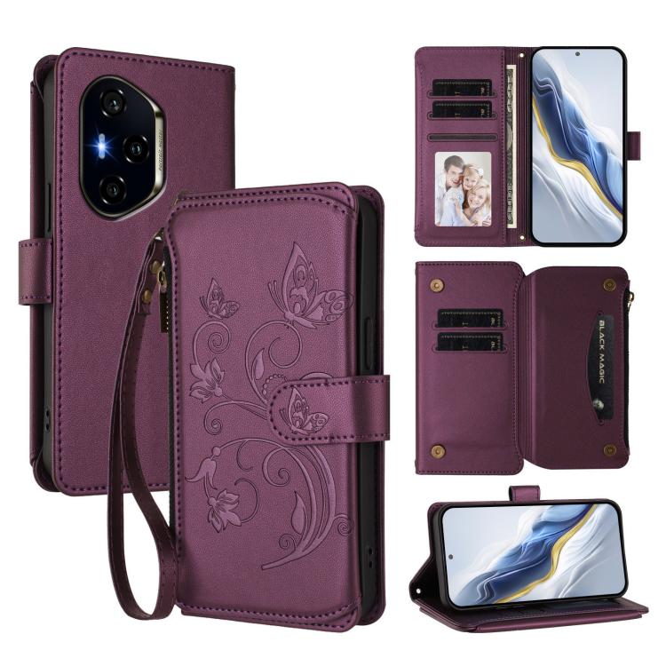 Butterfly Love Flower Multi-card Zipper Wallet Leather Phone Case, For Honor 400 Global 156.5mm, For Honor X8c 4G, For Honor X9c 5G / Magic7 Lite