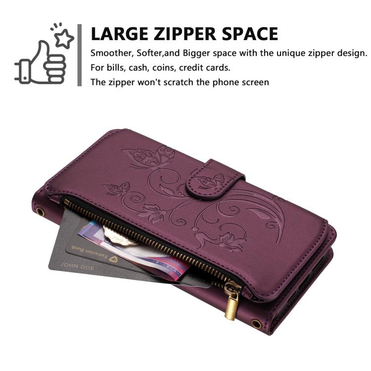 Butterfly Love Flower Multi-card Zipper Wallet Leather Phone Case, For Honor 400 Global 156.5mm, For Honor X8c 4G, For Honor X9c 5G / Magic7 Lite