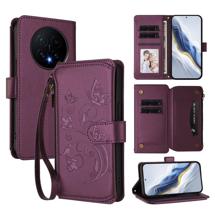Butterfly Love Flower Multi-card Zipper Wallet Leather Phone Case, For Honor Magic8 Pro, For Honor Magic8, For Honor Play 70 Plus