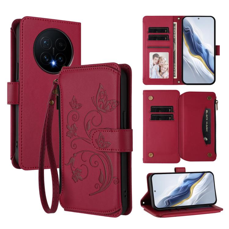 Butterfly Love Flower Multi-card Zipper Wallet Leather Phone Case, For Honor Magic8 Pro, For Honor Magic8, For Honor Play 70 Plus