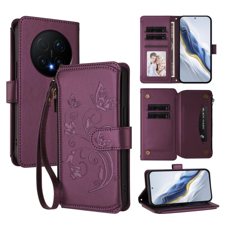 Butterfly Love Flower Multi-card Zipper Wallet Leather Phone Case, For Honor Magic8 Pro, For Honor Magic8, For Honor Play 70 Plus