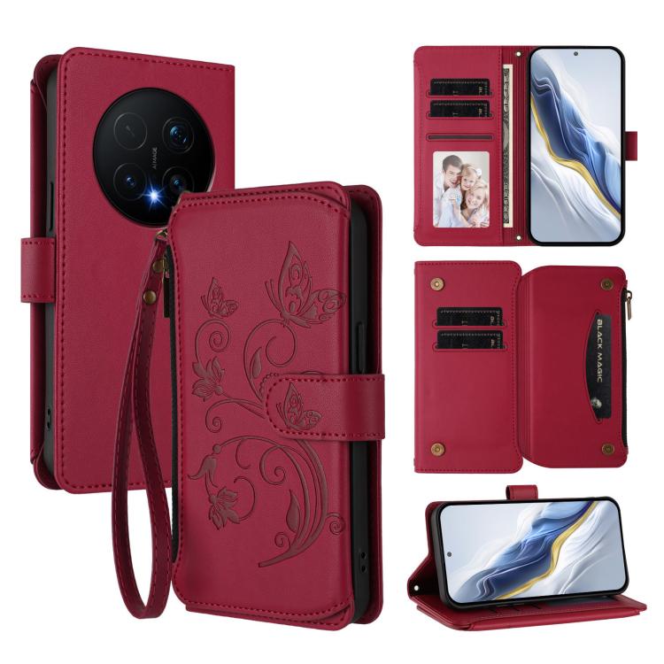 Butterfly Love Flower Multi-card Zipper Wallet Leather Phone Case, For Honor Magic8 Pro, For Honor Magic8, For Honor Play 70 Plus