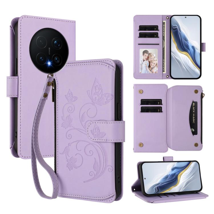 Butterfly Love Flower Multi-card Zipper Wallet Leather Phone Case, For Honor Magic8 Pro, For Honor Magic8, For Honor Play 70 Plus