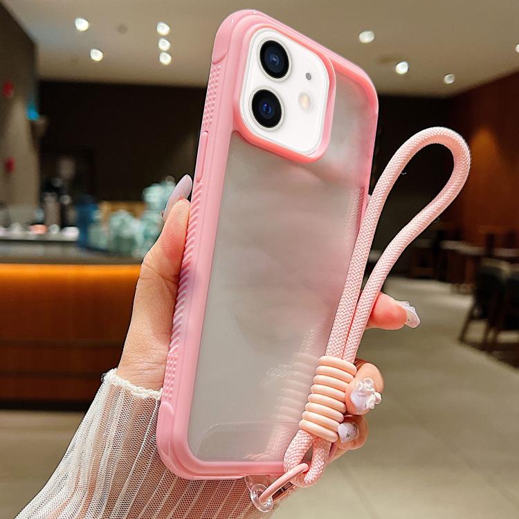 Solid Color Edge Transparency Acrylic TPU Phone Case with Wrist Strap, For iPhone 12 / 12 Pro
