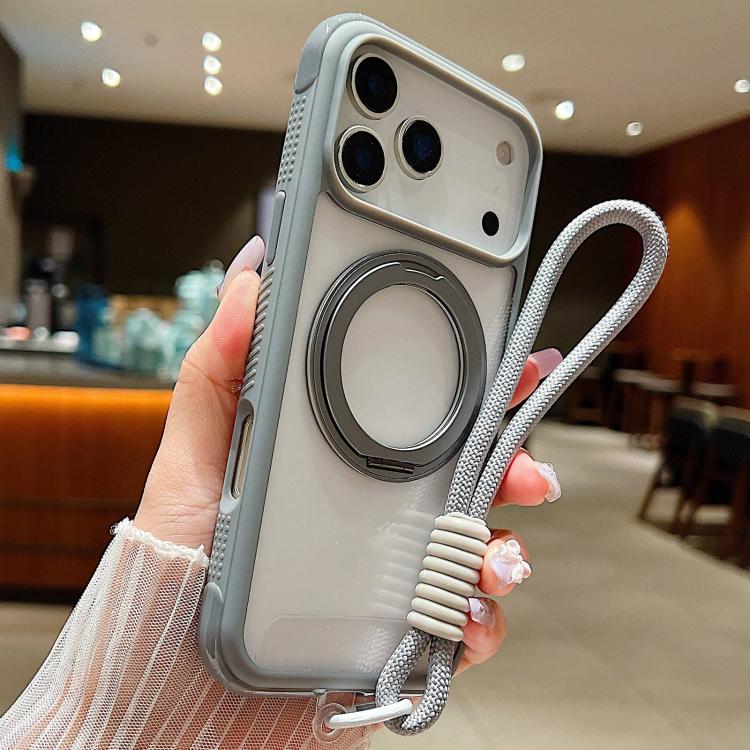 Solid Color Edge Transparency Rotation Holder MagSafe Phone Case with Wrist Strap, For iPhone 17 Pro Max, For iPhone 17 Pro, For iPhone 17