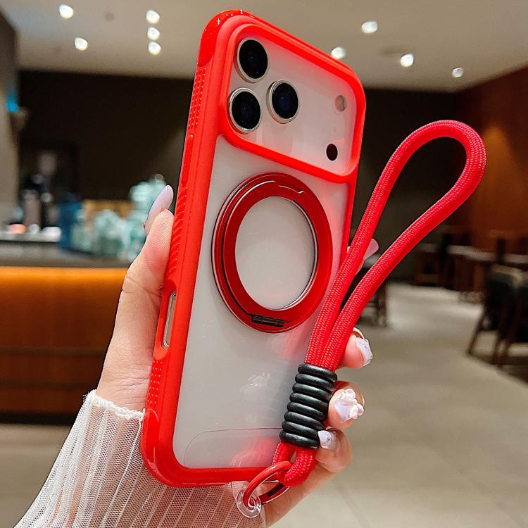 Solid Color Edge Transparency Rotation Holder MagSafe Phone Case with Wrist Strap, For iPhone 17 Pro Max, For iPhone 17 Pro, For iPhone 17