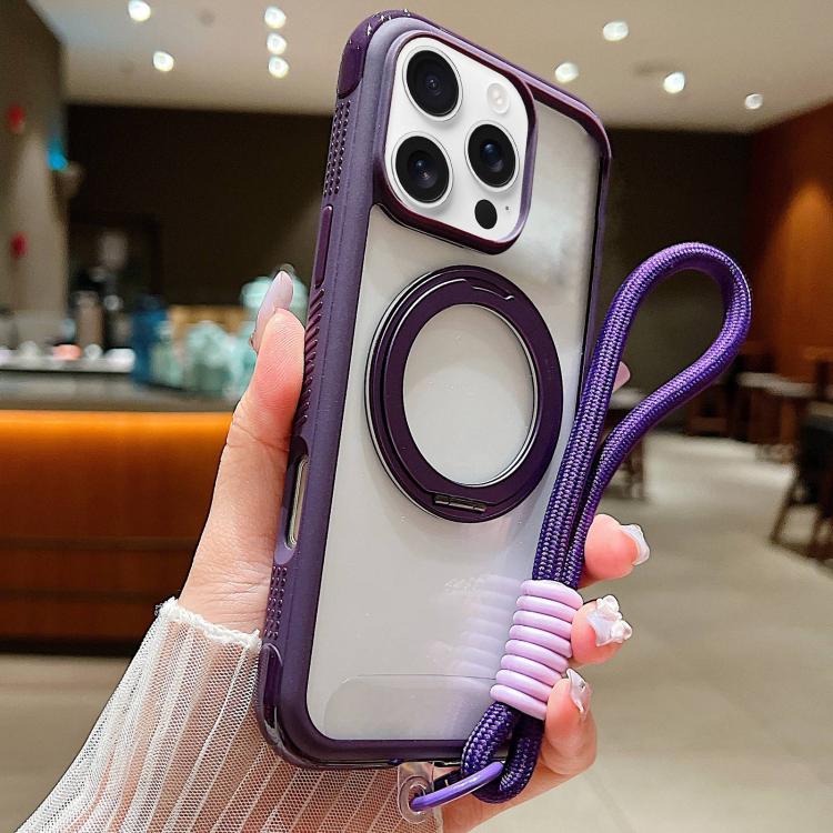 Solid Color Edge Transparency Rotation Holder MagSafe Phone Case with Wrist Strap, For iPhone Air, For iPhone 16 Pro Max, For iPhone 16 Pro