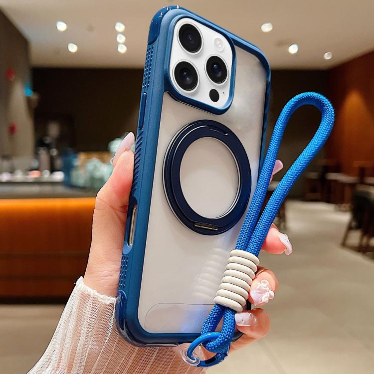 Solid Color Edge Transparency Rotation Holder MagSafe Phone Case with Wrist Strap, For iPhone Air, For iPhone 16 Pro Max, For iPhone 16 Pro