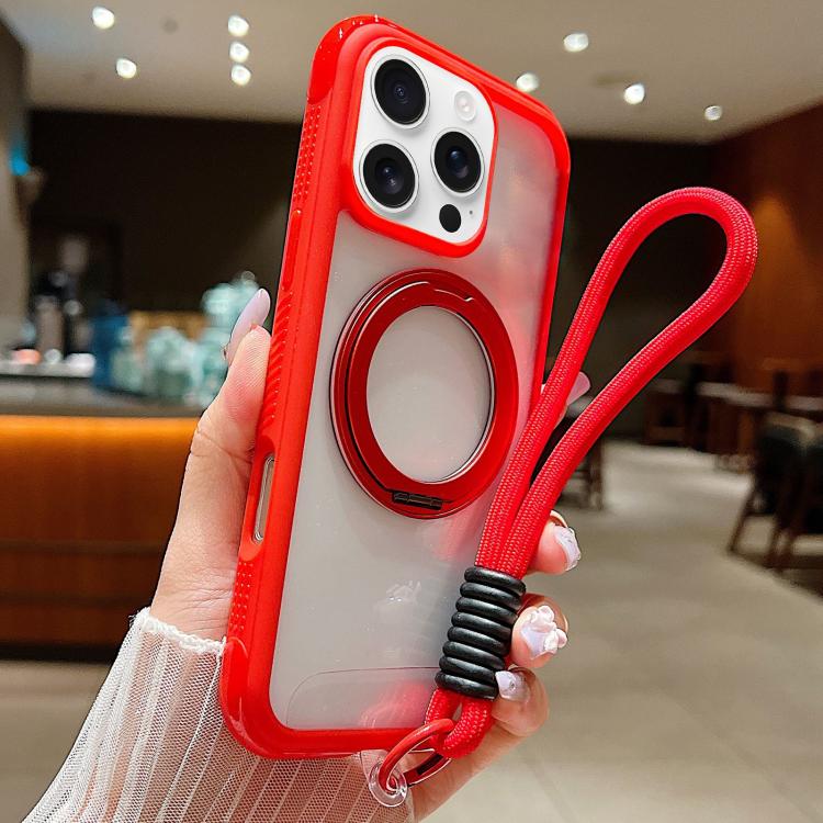 Solid Color Edge Transparency Rotation Holder MagSafe Phone Case with Wrist Strap, For iPhone Air, For iPhone 16 Pro Max, For iPhone 16 Pro