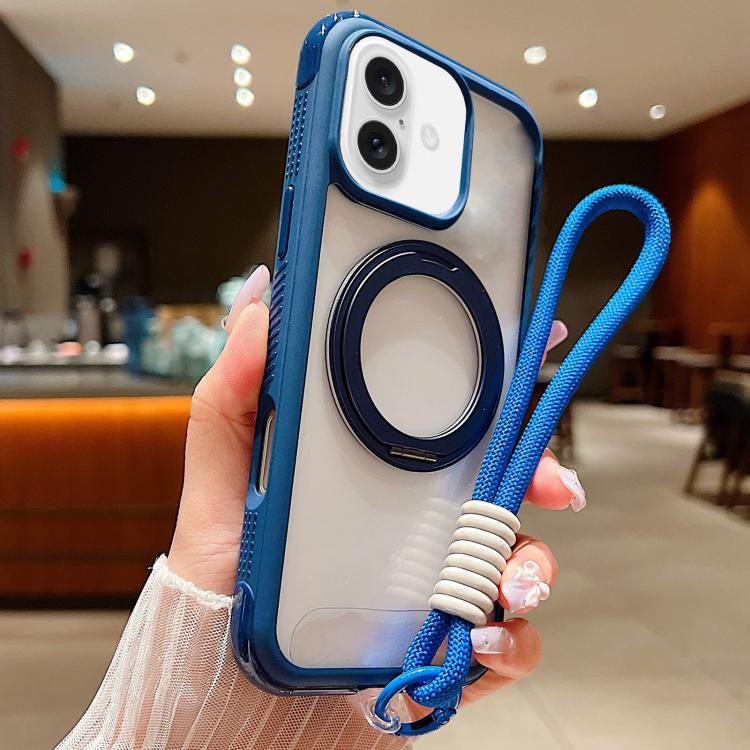 Solid Color Edge Transparency Rotation Holder MagSafe Phone Case with Wrist Strap, For iPhone 16 Plus, For iPhone 16, For iPhone 15 Pro Max