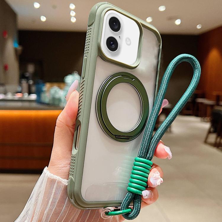 Solid Color Edge Transparency Rotation Holder MagSafe Phone Case with Wrist Strap, For iPhone 16 Plus, For iPhone 16, For iPhone 15 Pro Max