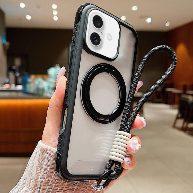Solid Color Edge Transparency Rotation Holder MagSafe Phone Case with Wrist Strap, For iPhone 16 Plus, For iPhone 16, For iPhone 15 Pro Max