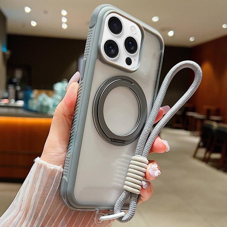 Solid Color Edge Transparency Rotation Holder MagSafe Phone Case with Wrist Strap, For iPhone 15 Pro, For iPhone 14 Plus / 15 Plus, For iPhone 15 / 14 / 13