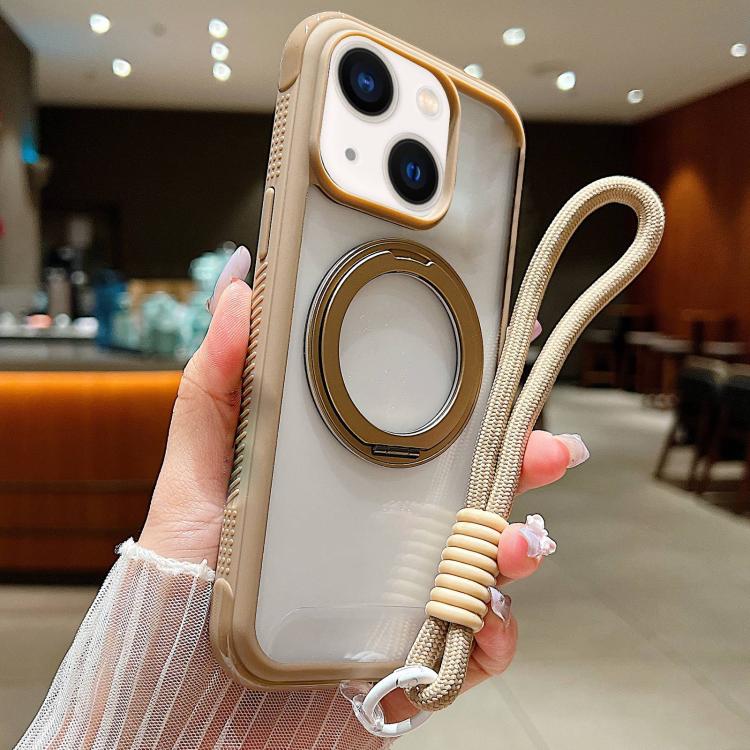 Solid Color Edge Transparency Rotation Holder MagSafe Phone Case with Wrist Strap, For iPhone 15 Pro, For iPhone 14 Plus / 15 Plus, For iPhone 15 / 14 / 13