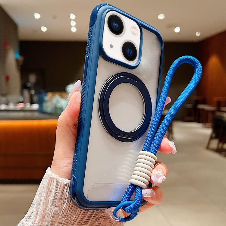 Solid Color Edge Transparency Rotation Holder MagSafe Phone Case with Wrist Strap, For iPhone 15 Pro, For iPhone 14 Plus / 15 Plus, For iPhone 15 / 14 / 13