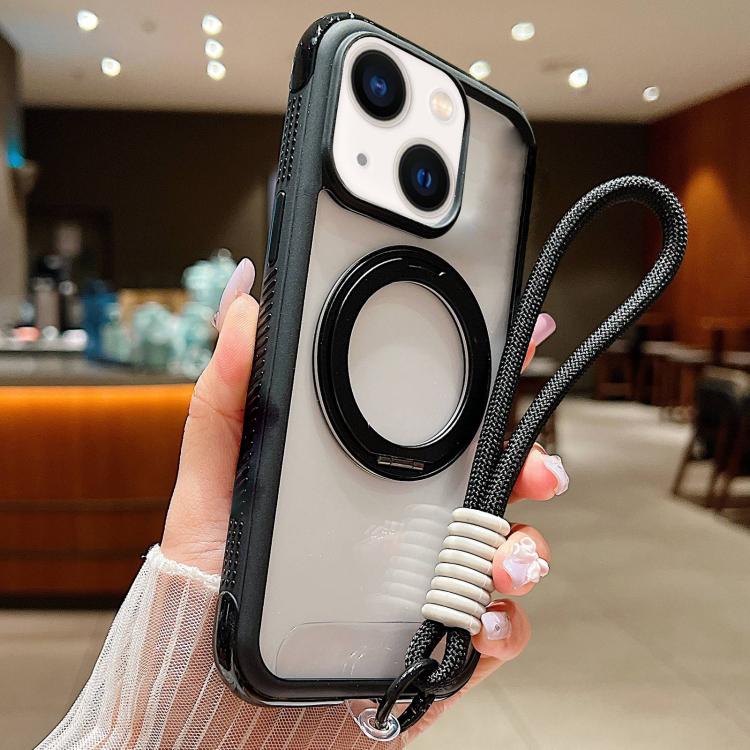 Solid Color Edge Transparency Rotation Holder MagSafe Phone Case with Wrist Strap, For iPhone 15 Pro, For iPhone 14 Plus / 15 Plus, For iPhone 15 / 14 / 13