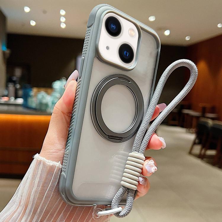 Solid Color Edge Transparency Rotation Holder MagSafe Phone Case with Wrist Strap, For iPhone 15 Pro, For iPhone 14 Plus / 15 Plus, For iPhone 15 / 14 / 13