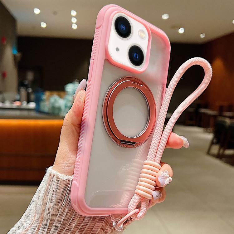 Solid Color Edge Transparency Rotation Holder MagSafe Phone Case with Wrist Strap, For iPhone 15 Pro, For iPhone 14 Plus / 15 Plus, For iPhone 15 / 14 / 13