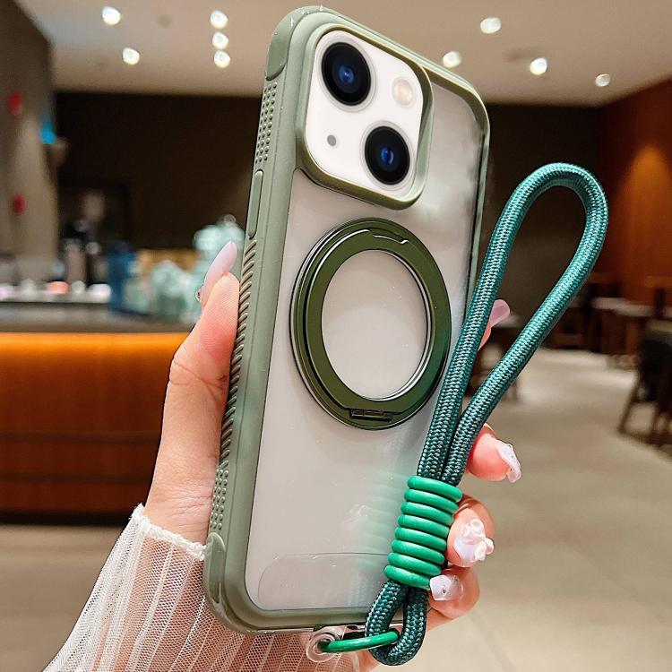 Solid Color Edge Transparency Rotation Holder MagSafe Phone Case with Wrist Strap, For iPhone 15 Pro, For iPhone 14 Plus / 15 Plus, For iPhone 15 / 14 / 13