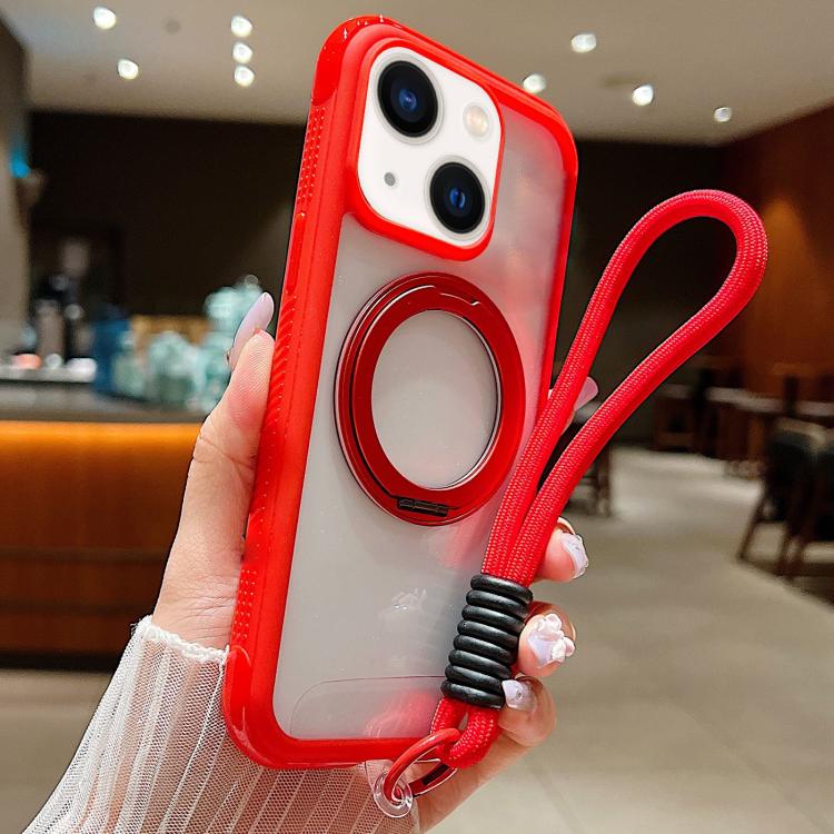 Solid Color Edge Transparency Rotation Holder MagSafe Phone Case with Wrist Strap, For iPhone 15 Pro, For iPhone 14 Plus / 15 Plus, For iPhone 15 / 14 / 13