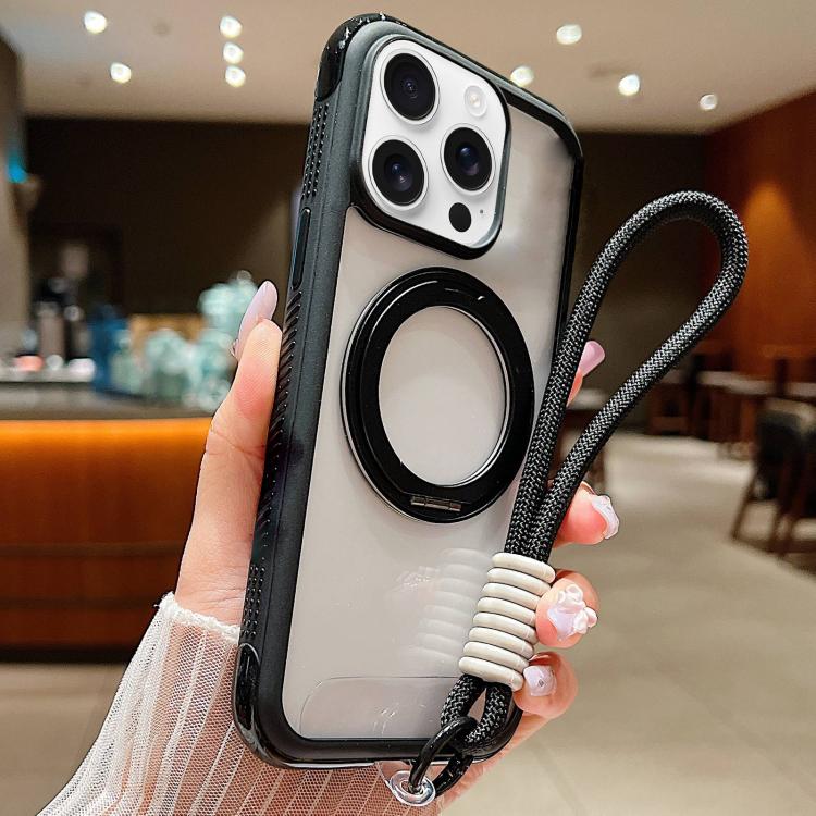 Solid Color Edge Transparency Rotation Holder MagSafe Phone Case with Wrist Strap, For iPhone 14 Pro / 13 Pro, For iPhone 14 Pro Max, For iPhone 13 Pro Max / 12 Pro Max