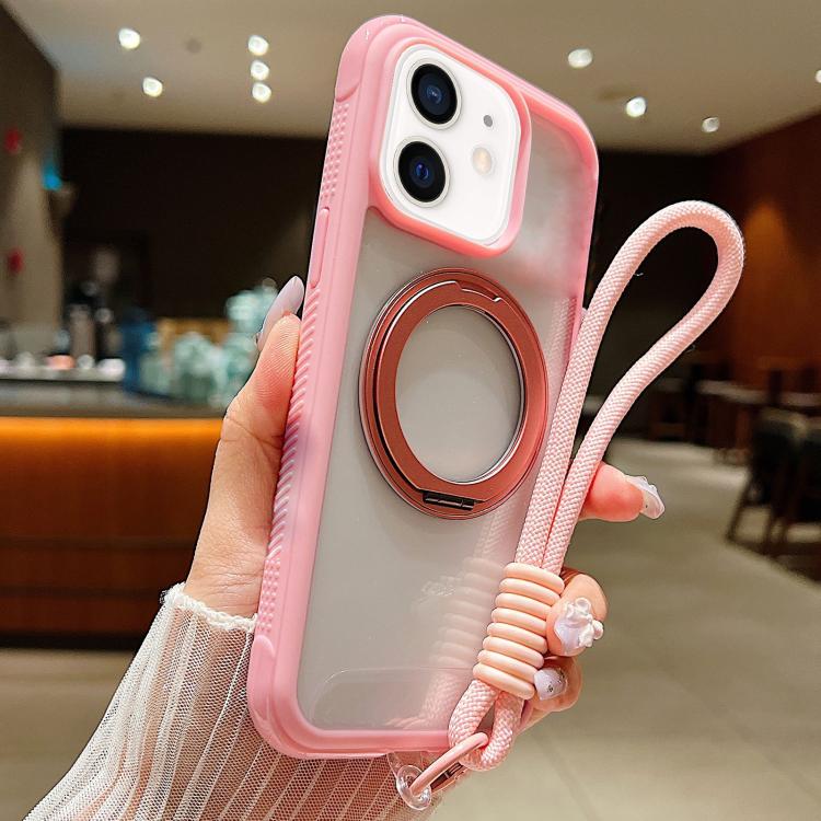 Solid Color Edge Transparency Rotation Holder MagSafe Phone Case with Wrist Strap, For iPhone 12 / 12 Pro