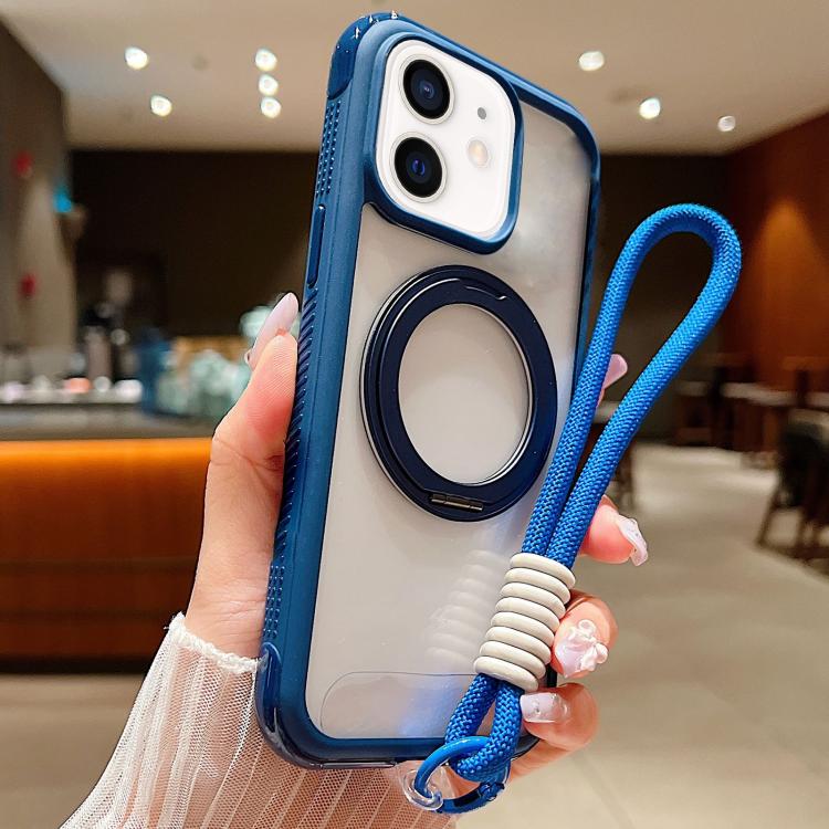 Solid Color Edge Transparency Rotation Holder MagSafe Phone Case with Wrist Strap, For iPhone 12 / 12 Pro