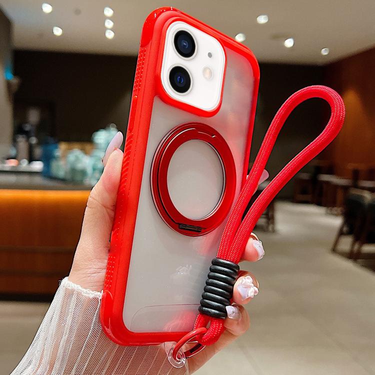 Solid Color Edge Transparency Rotation Holder MagSafe Phone Case with Wrist Strap, For iPhone 12 / 12 Pro