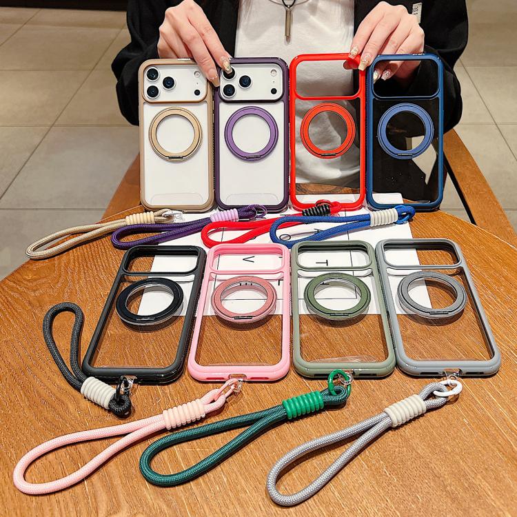 Solid Color Edge Transparency Rotation Holder MagSafe Phone Case with Wrist Strap, For iPhone 14 Pro / 13 Pro, For iPhone 14 Pro Max, For iPhone 13 Pro Max / 12 Pro Max