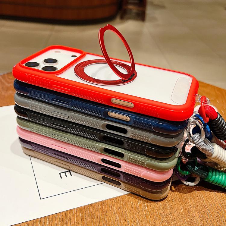 Solid Color Edge Transparency Rotation Holder MagSafe Phone Case with Wrist Strap, For iPhone 16 Plus, For iPhone 16, For iPhone 15 Pro Max