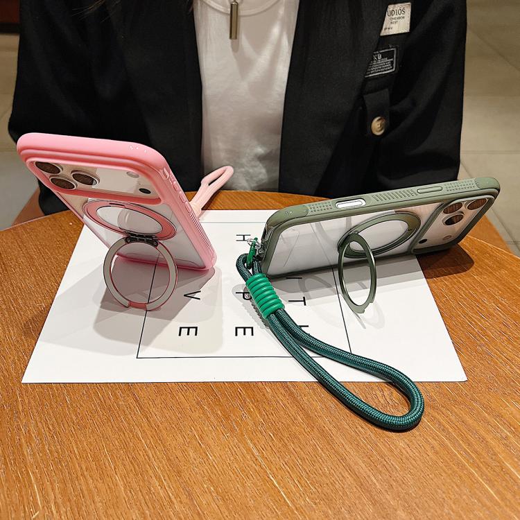 Solid Color Edge Transparency Rotation Holder MagSafe Phone Case with Wrist Strap, For iPhone 12 / 12 Pro
