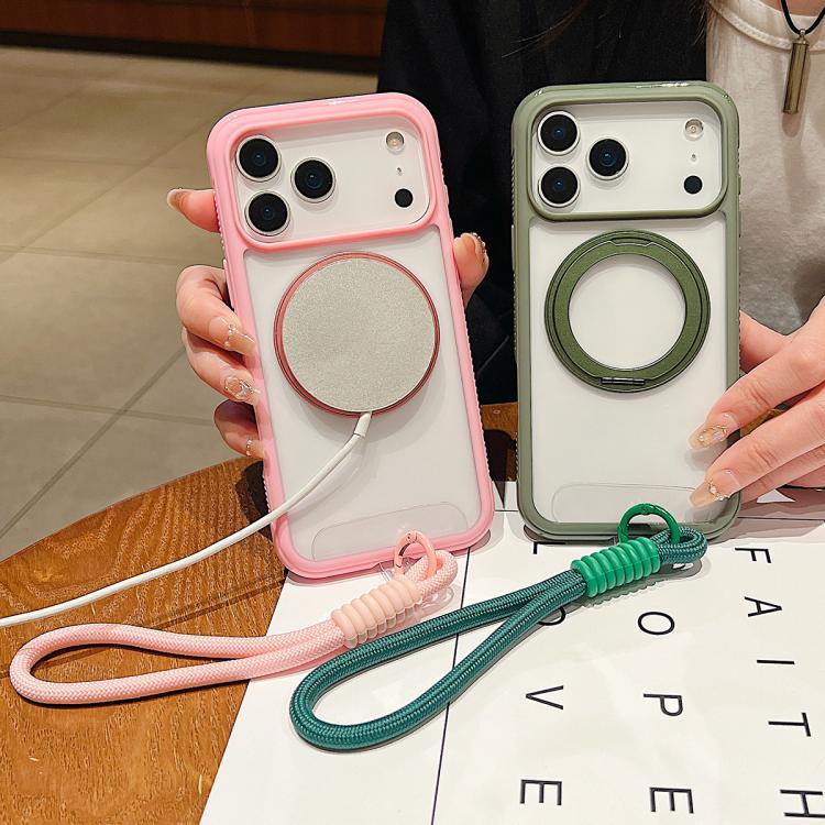 Solid Color Edge Transparency Rotation Holder MagSafe Phone Case with Wrist Strap, For iPhone 15 Pro, For iPhone 14 Plus / 15 Plus, For iPhone 15 / 14 / 13